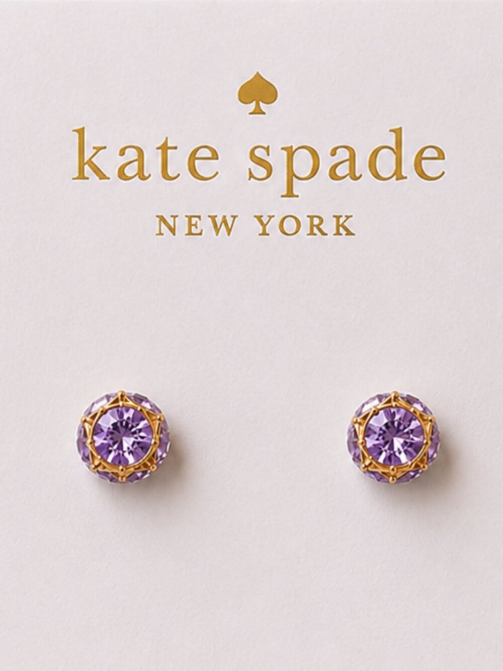 Kate Spade Purple Crystal Stud Earrings Gold Tone Round Halo Rhinestone Earrings